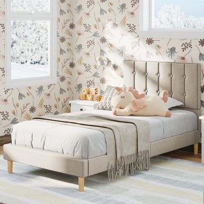 LIKIMIO Twin Bed Frames, Velvet Upholstered Platform Bed Frame with Headboard and Strong Wooden Slats, Pink/Grey/Blue/Beige