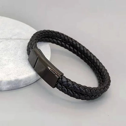 Personalized Black Leather Explorer Bracelet For Men Custom Engraved Name Date Strong Magnetic Clasps Bracelet Father's Day Gift