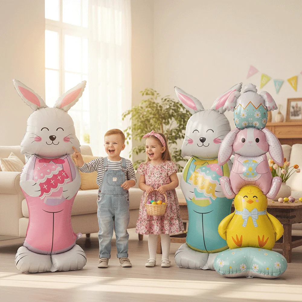 2Pcs Self Standing Easter Bunny Balloons Giant Bunny Carrot Chick Foil Balloon Easter Egg Decoration Home Holiday Party Supplies
