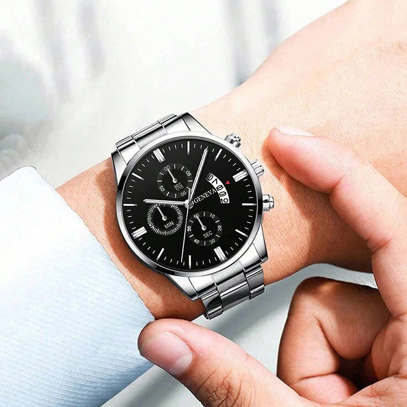 3PCS/Set Men's Casual Stainless Steel Luxury Calendar Quartz Watch,1 Pc Bracelet, 1 Pc Necklace