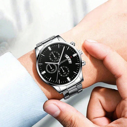 3PCS/Set Men's Casual Stainless Steel Luxury Calendar Quartz Watch,1 Pc Bracelet, 1 Pc Necklace