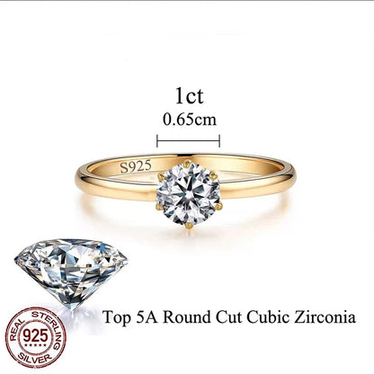 925 Sterling Silver Shiny Round Cubic Zircon Gold Color Ring for Women Bridal Engagement Wedding Band Jewelry Gift SR053