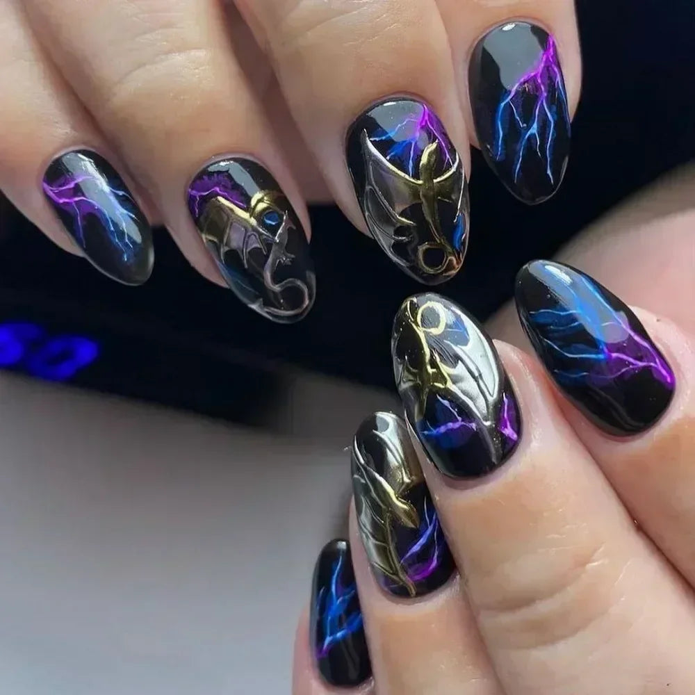 24Pcs False Full Cover Press on Nail Tips Purple Heart Almond  with Glue
