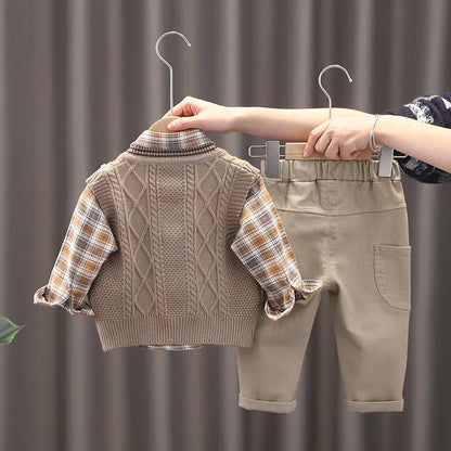 Baby Boys Clothes Suit Casual Plaid Shirt Vest Pants 3Pcs/Sets Toddler Cotton