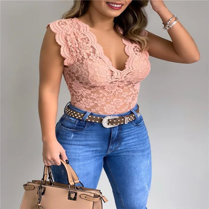 Sexy Lace Deep V Neck Sleeveless Blouse