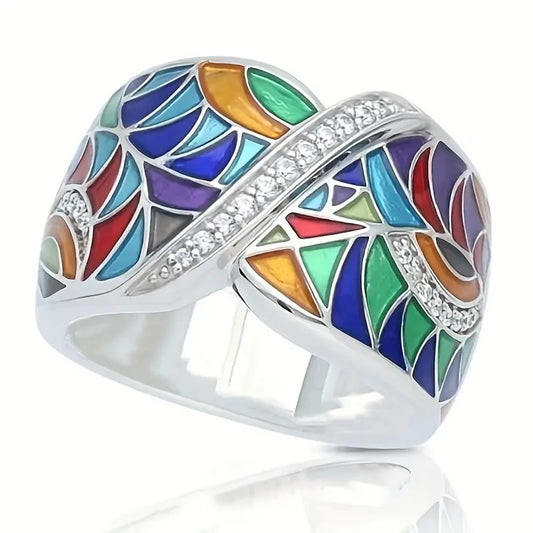 Dazzling Rings for Women Silver Color Colorful Painting Metal Inlaid White Stones Ring Wedding Jewelry
