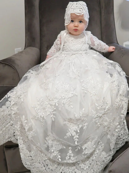 Customized Baby Baptism Dress Flower Girl Dress Pearls Floral Appliques Long Sleeve Wedding Birthday Party Holy Communion Gown