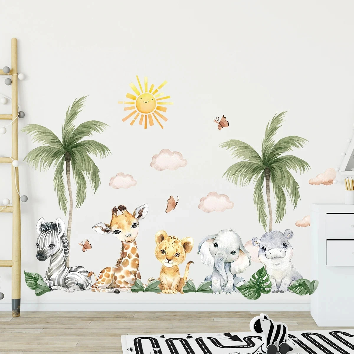 Kids’ Wall Stickers – Cartoon African Grassland Animal Decals for Nursery, Bedroom & Living Room