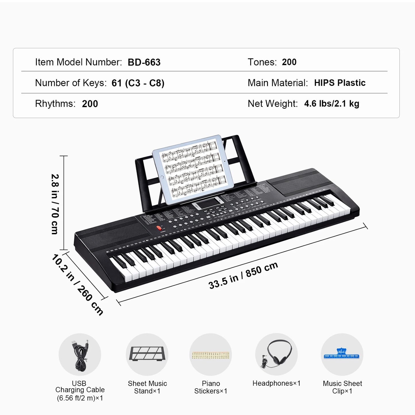SucceBuy 61‑Key Digital Keyboard – Portable Electric Piano with 200–600 Tones & 200–500 Rhythms for Beginners