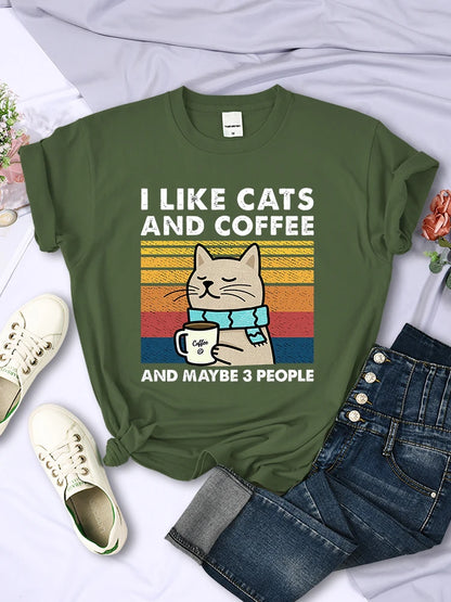 Women's I Like Cats And Coffee Printed T Shirt   Casual Short Sleeve Breathable