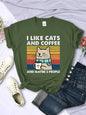 Women's I Like Cats And Coffee Printed T Shirt   Casual Short Sleeve Breathable