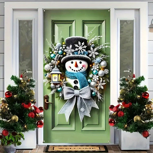 Winter Snowman Christmas Wreath Door Cover Decoration Hanging Door Banner Winter Cute Outdoor Snowman Backdrop Christ