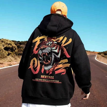 Mens Oversized Hoodie Loose retro fierce tiger Print