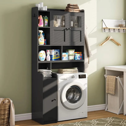 Over Toilet Storage Cabinet with Glass Doors & Paper Holder, Space-Saving Bathroom Organizer Rack for Home Restroom Laundry