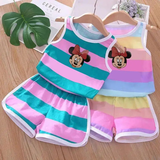 Summer Clothes Sets Cute Minnie Mickey Cartoon Girls  Vest and Shorts 2pieces Disney Children's Outfits