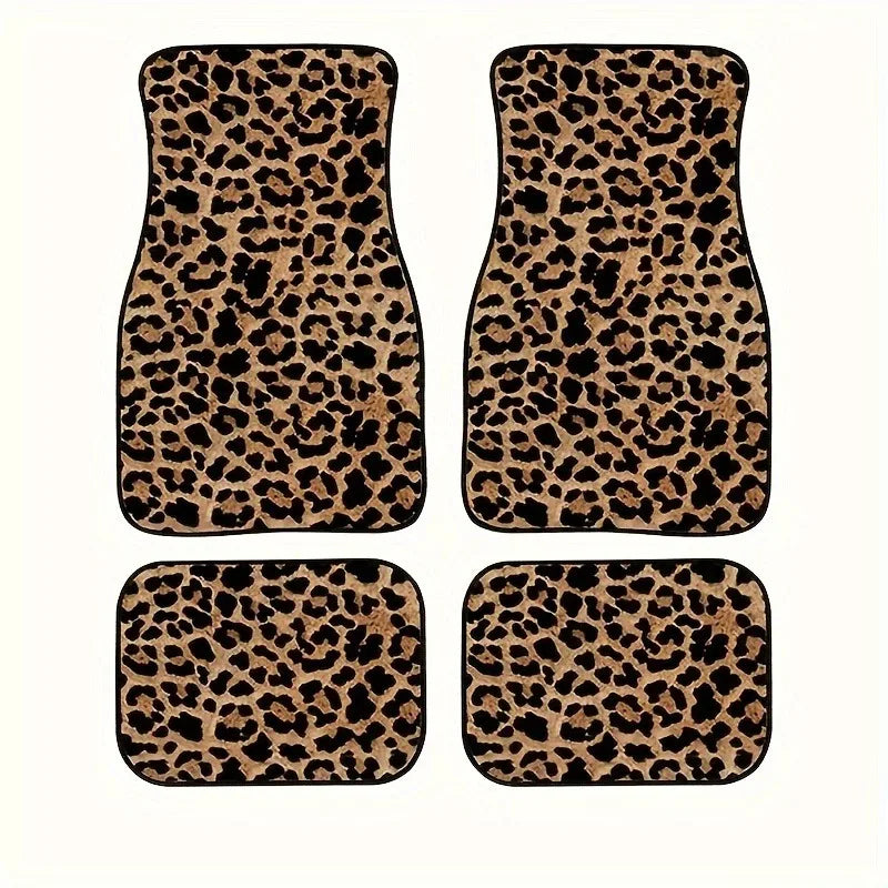 Leopard Print Car Floor Mats: Universal Fit, 4-Piece Set, Absorbent Polyester Fiber, Non-Slip, Washable, Suitable for Cars & SUVs