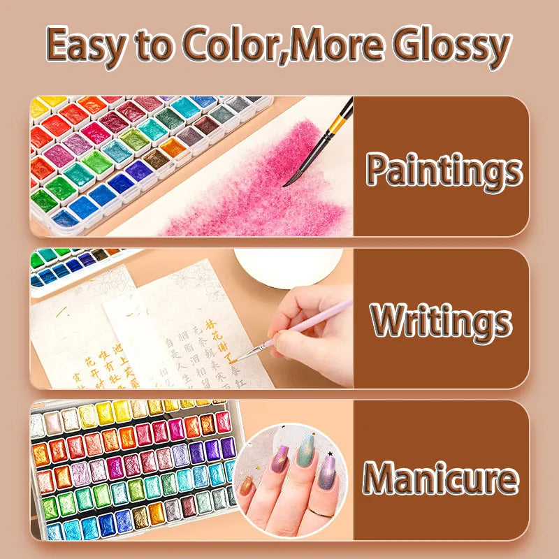12/20/24/60 Color Solid Watercolor Paint Set -Metallic Glitter Pearlescent Pigments