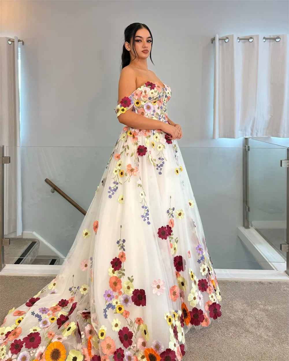 Cathy Off Shoulder 3D Flowers A-line Wedding Dress With Court Train vestidos de noiva Zip Back Customized Formal Evening 2025