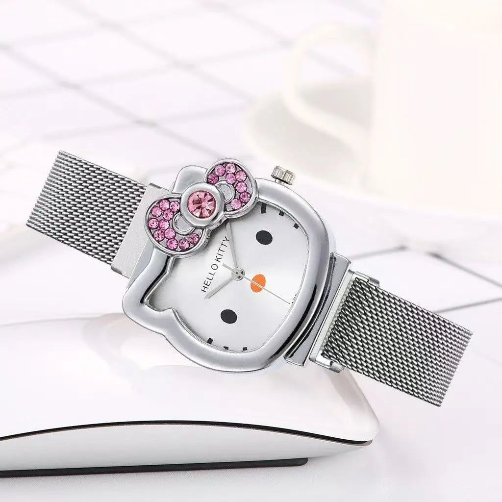 Anime Sanrio Hello Kitty Diamond Watch Kt Cat Kawaii Pink Ladies Gold Sliver Metal Jewelry Cartoon Magnetic Watch Birthday Gifts