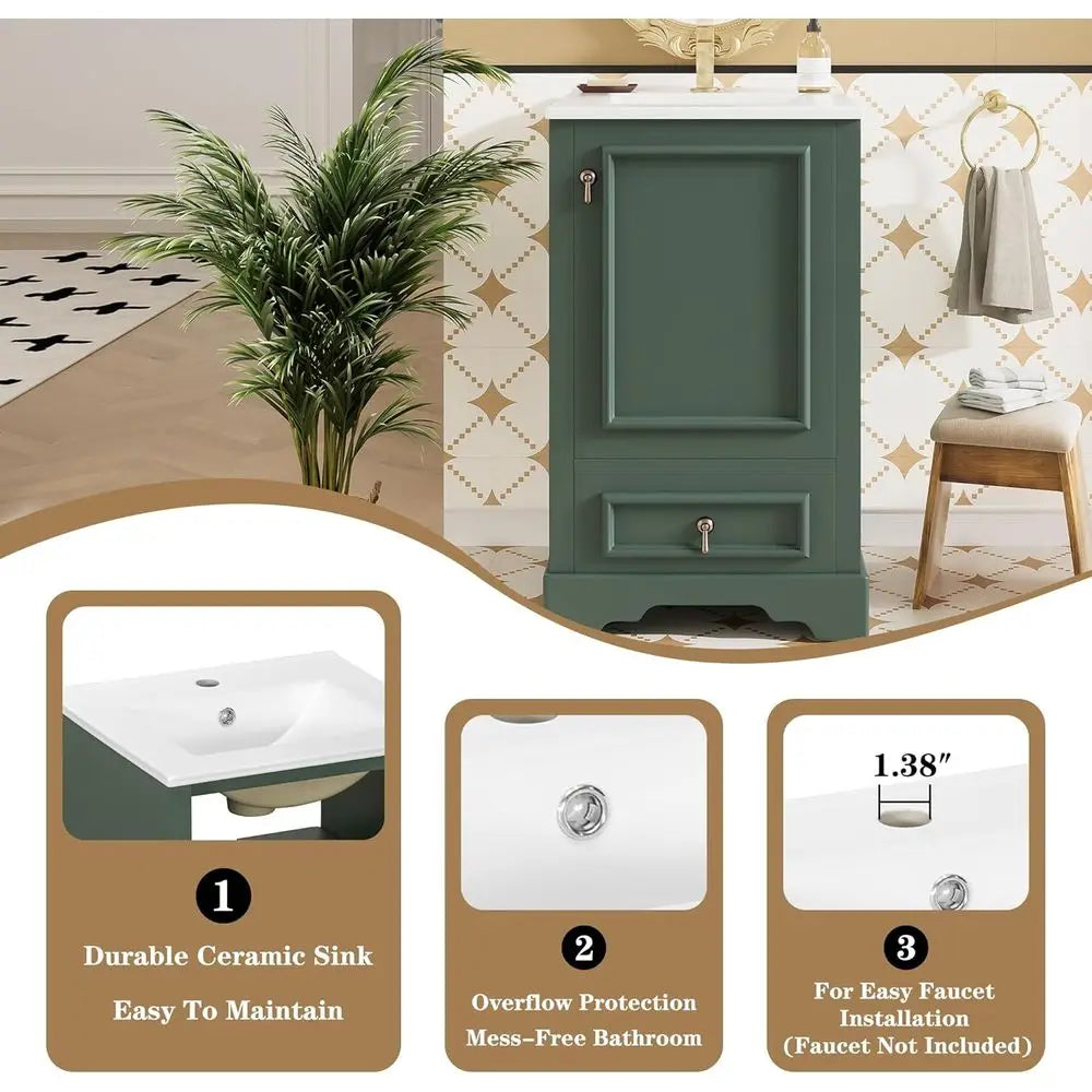 20 Inch Green Single Sink Vanity with Ceramic Sink and Storage Cabinet with Soft-Close Door and Adjustable U-Shaped Shelving