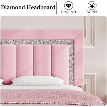 Queen Bed Frame with Headboard, Pink Velvet Upholstered Bed Frame with Diamond Footboard, Soft Bed Frames, Vertical Chann