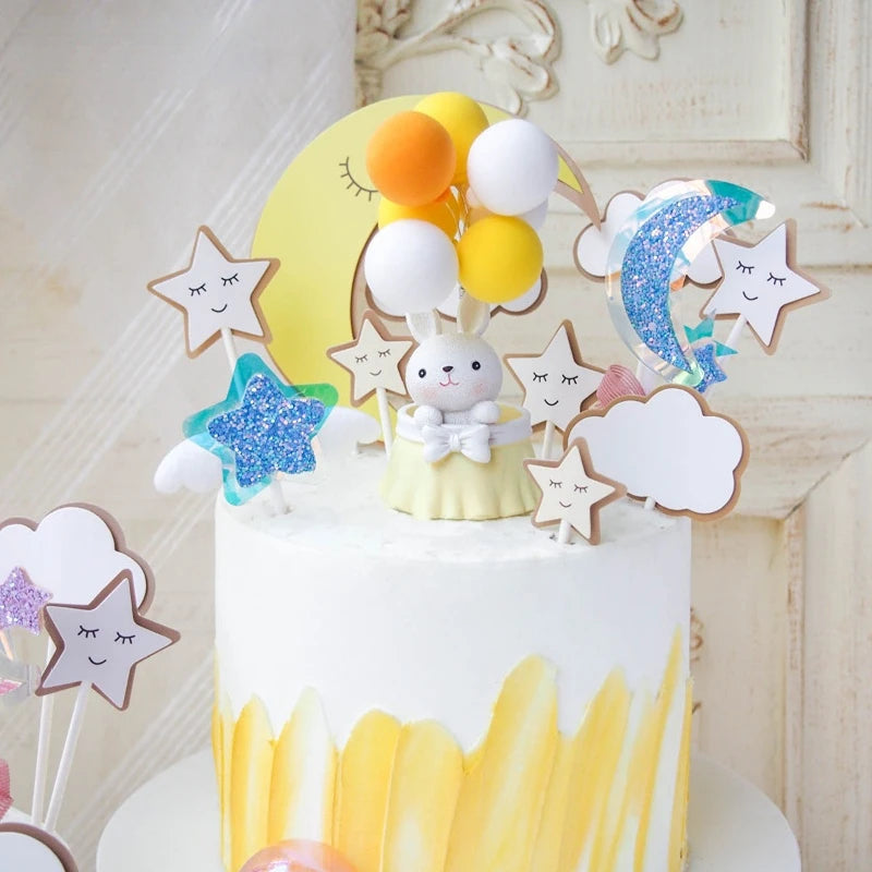 Cute Rabbit Balloon Ornaments Star Happy Birthday Cake Topper Easter Birthday Party Cake Baking Kids