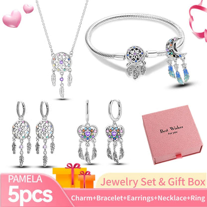 Pink Heart Bracelet Set 925 Silver Original Flower Ring Butterfly Earrings & Gift Box For Women Wedding Jewelry Best Wish 5pcs