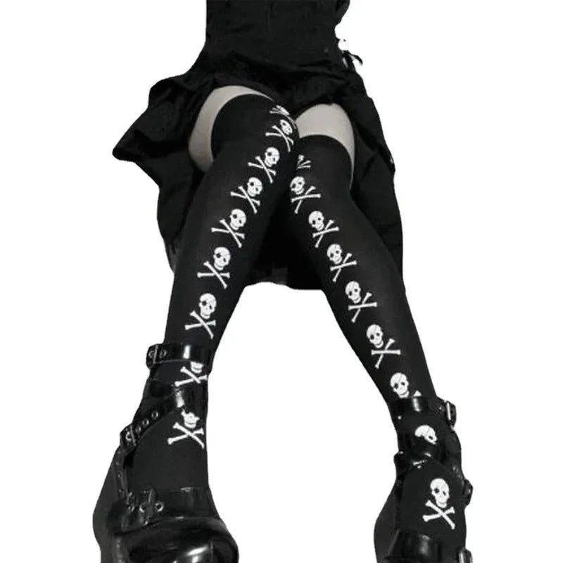 Gothic Skull Bat Spider Thigh‑High Stockings – Harajuku Emo Alternative Sexy Tights with Garters