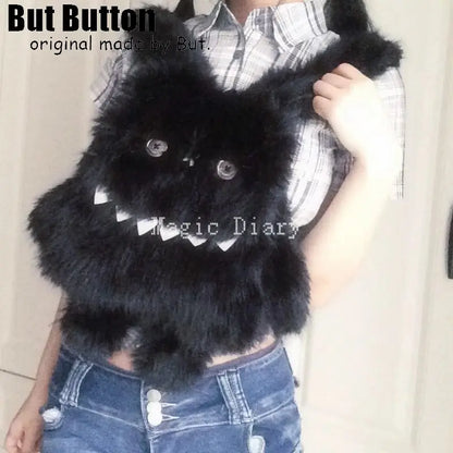 Gothic Y2K Plush Monster Backpack with Button Eyes – Dark Fashion School Bag