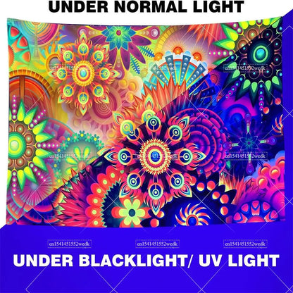 Boho Blacklight Tapestry Colorful Mandala Floral Tapestry Wall Hanging UV Reactive Aesthetic Glow In The Dark Party Backdrops