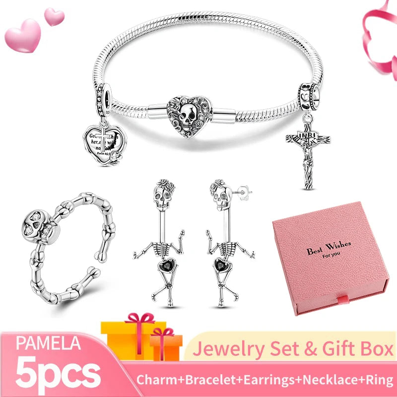Pink Heart Bracelet Set 925 Silver Original Flower Ring Butterfly Earrings & Gift Box For Women Wedding Jewelry Best Wish 5pcs
