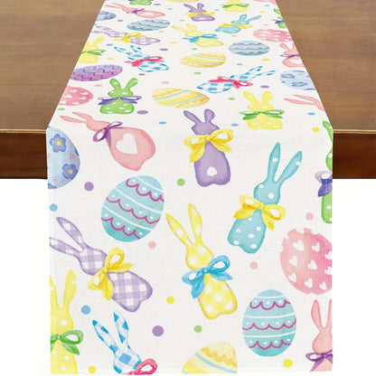 Easter Linen Table Runner – Bunny & Colorful Eggs Spring Kitchen and Dining Decor