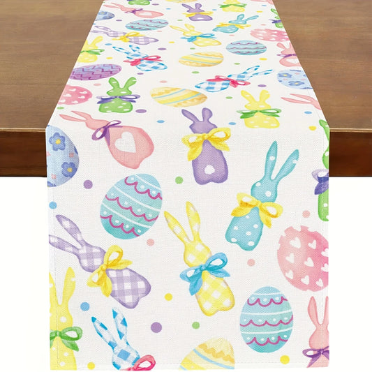 Easter Linen Table Runner – Bunny & Colorful Eggs Spring Kitchen and Dining Decor