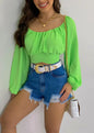 Women's Sexy Off-Shoulder Puff Sleeves Lace-up Tops Navel-Baring Shirts One-Colored Elegant Ladies Bright Color T-Shirt Tops