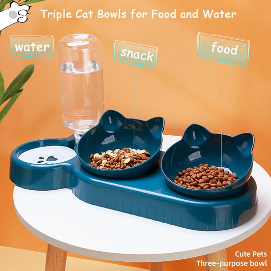 2-in-1 Double Bowls with Automatic Drinking Bottle Cat Bowls Pet Feeder