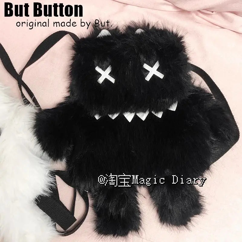 Gothic Lolita Y2K Plush Little Monster Backpack – Black & White Cute School Bag