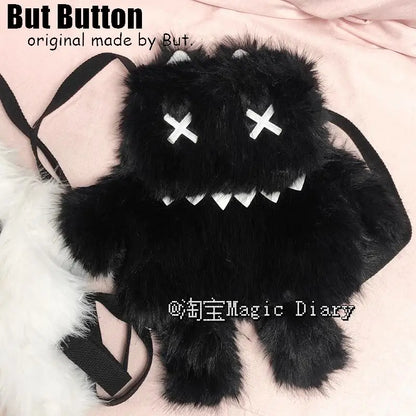 Gothic Lolita Y2K Plush Little Monster Backpack – Black & White Cute School Bag
