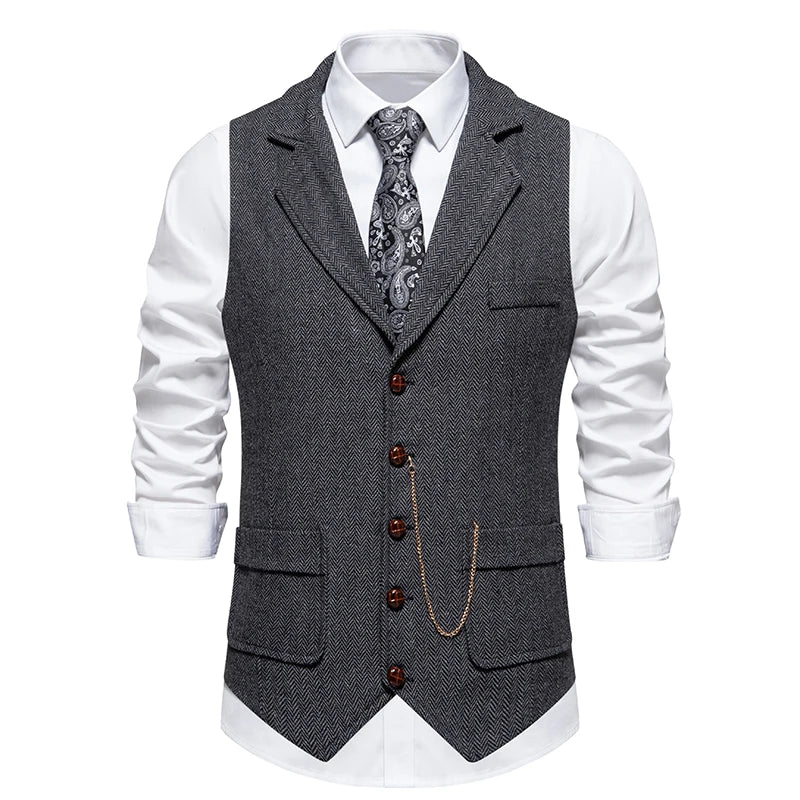 Men's Retro Lapel Chain Pockets Suit Vest British Casual V