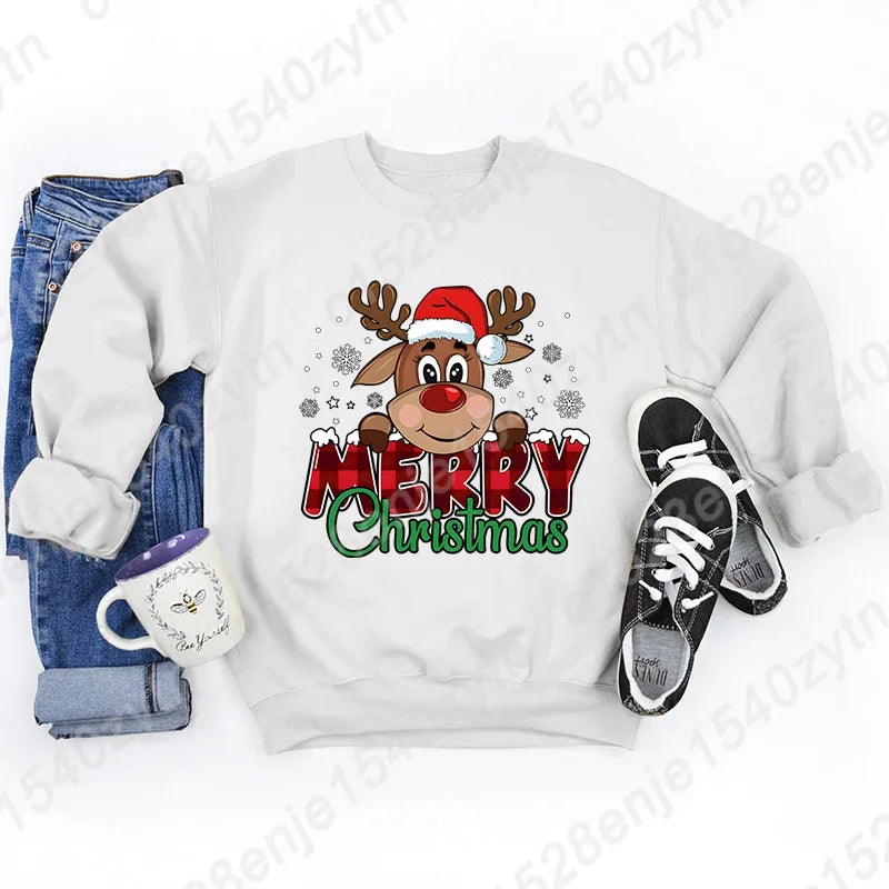Women's Festive Christmas Reindeer & Plaid Graphic Sweatshirt Casual Loose Fit Long Sleeve Crew Neck Sweatshirts for Winter
