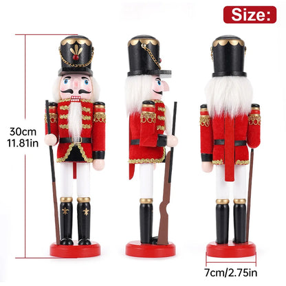 Three nutcracker figurines with measurements on a white background
