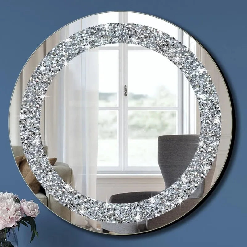Crystal Crush Diamond Sparkly Round Silver Mirror for Wall Decoration 20x20x1 inch Wall Hang Frameless Bling Stylish Gorgeous Gl