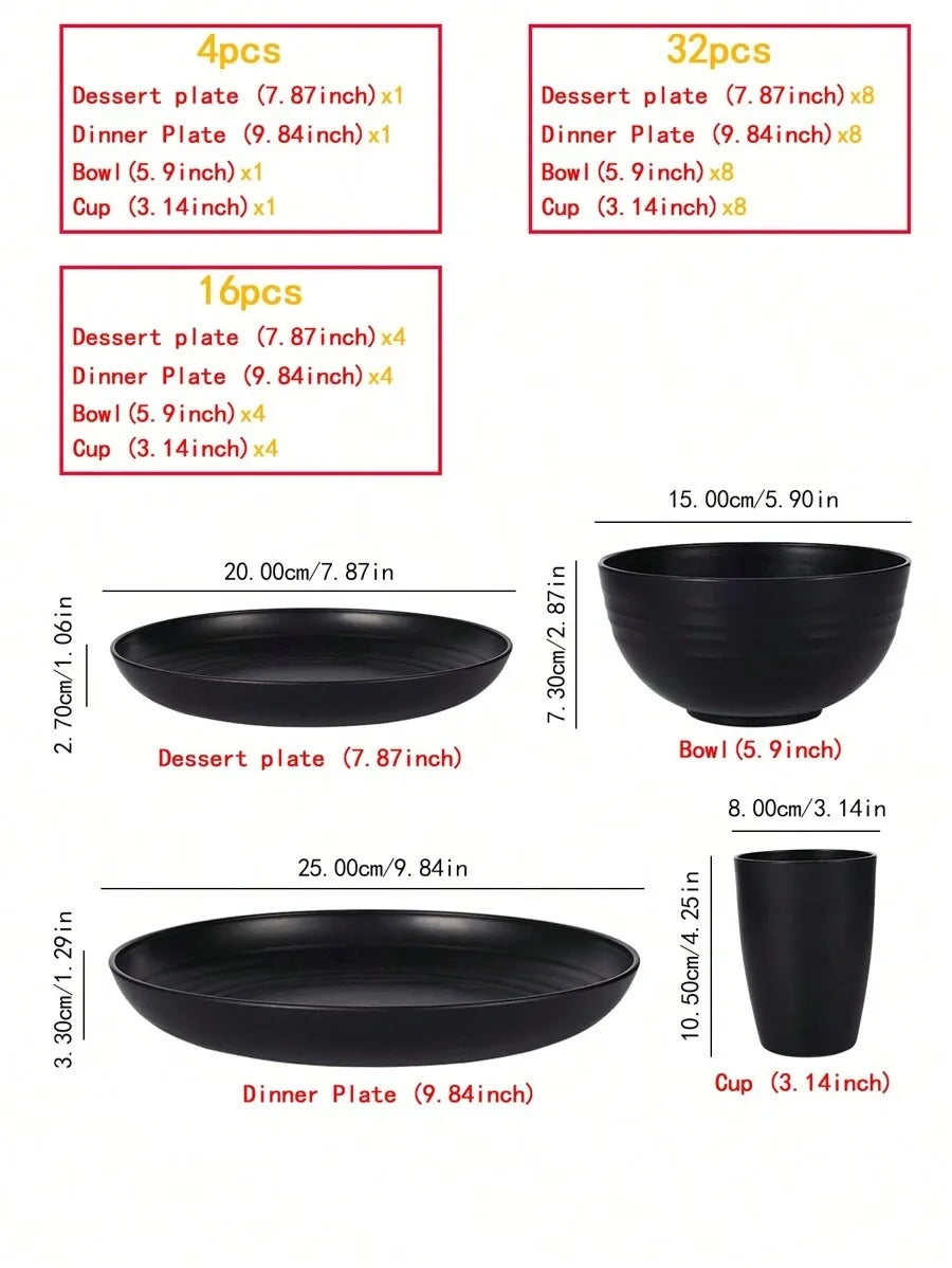 4/16/24pcs Reusable plastic tableware set, including plates, bowls and cups