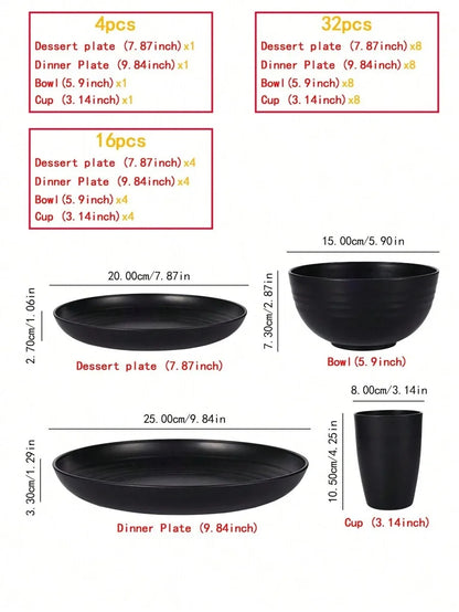 4/16/24pcs Reusable plastic tableware set, including plates, bowls and cups