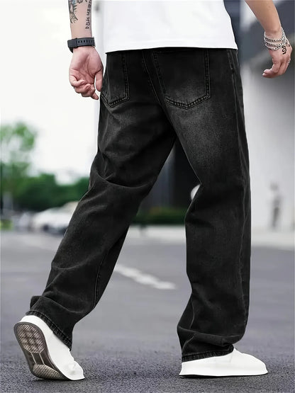 Men's Classic Cotton Blend Jeans - Relaxed Fit, Straight Leg, Solid Color Denim, Comfortable Street Style Pants for All Seasons,