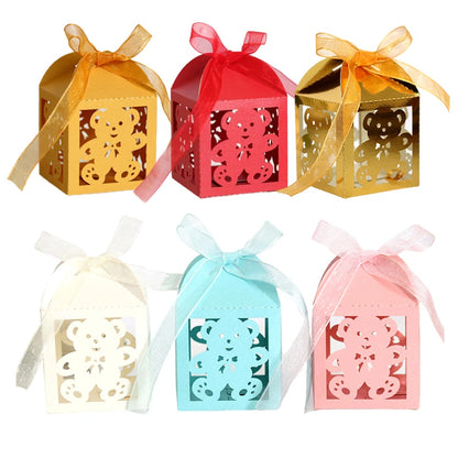 10Pcs Little Bear Candy Boxes Sweet Wedding Favor Gift Packaging Box With Ribbon Baby Shower Birthday Children's Day Party Decor