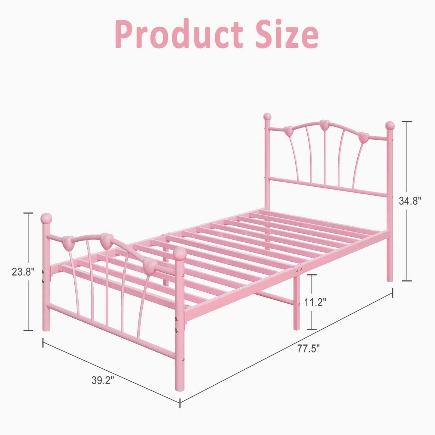 Twin Size Heart‑Shaped Metal Bed Frame – Platform Bed with Headboard & Footboard