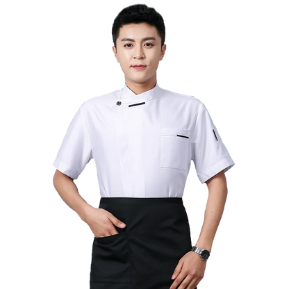 White Chef Jacket short Sleeve Head Chef Uniform Restaurant Hotel Kitchen Cooking Clothes Catering Foodservice Chef Shirt Apron