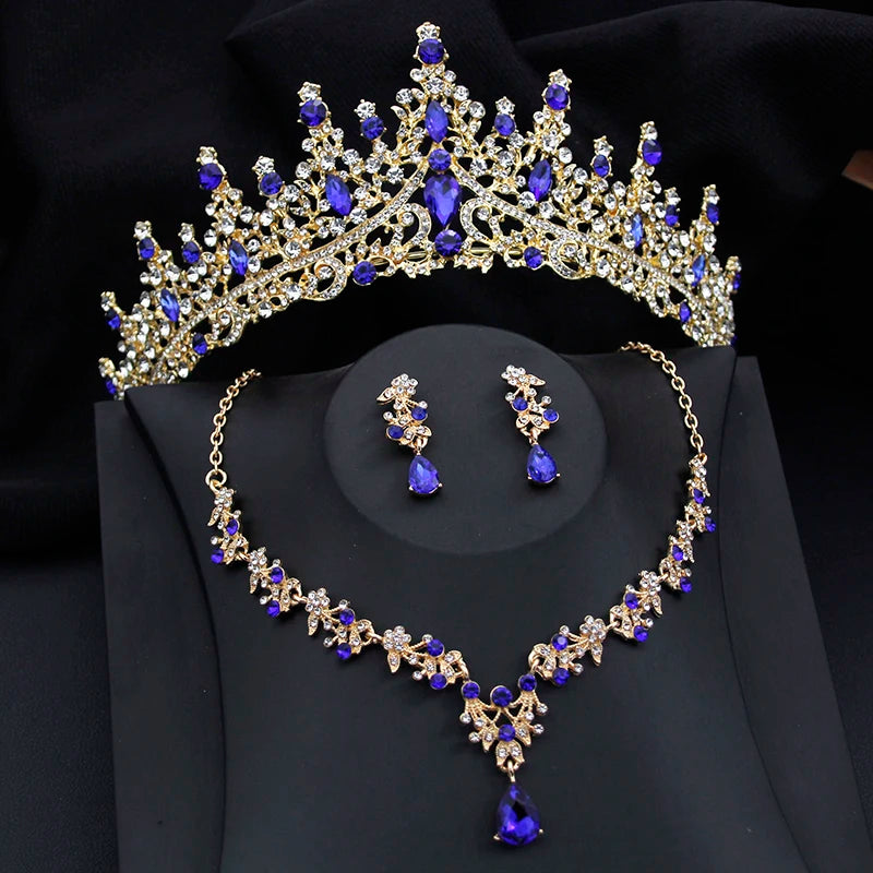 Luxury Silver Color Opal Water Drop Crown Bridal Rhinestone Tiaras and Necklace Earrings Jewelry Set