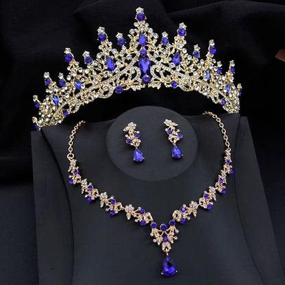 Luxury Silver Color Opal Water Drop Crown Bridal Rhinestone Tiaras and Necklace Earrings Jewelry Set