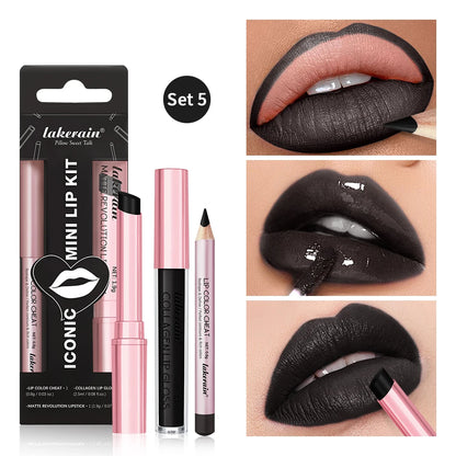 Matte Black Lipstick Set – Waterproof Velvet Liquid Lip Gloss & Lip Liner